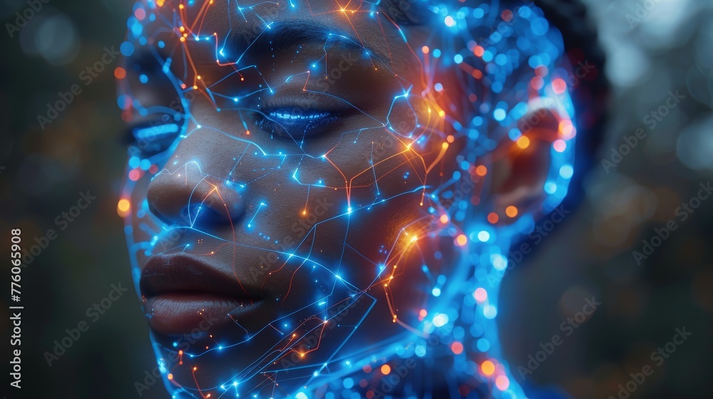 Poster The A.I. robot works with digital cloud storage. The robot holds a cloud of data. The robot communicates with the network and processes data by artificial intelligence. M2M cloud computing using