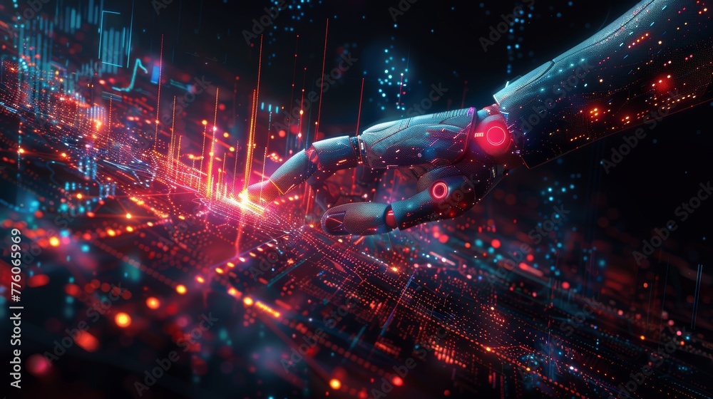 Aufkleber Robot trader. Artificial Neural Network in Application for Online Trading. Hand robot points at candlestick graph on phone. Artificial intelligence trader.