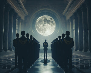 Freemasons, Sashes, Mysterious fraternity, Initiating new members with ancient rituals, Moonlit hall, Photography, Silhouette lighting, Vignette