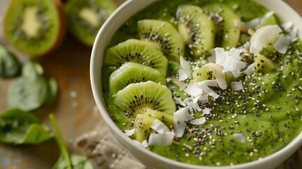 Smoothie bowl made with a mixture of spinach, banana and almond milk, topped with kiwi slices
