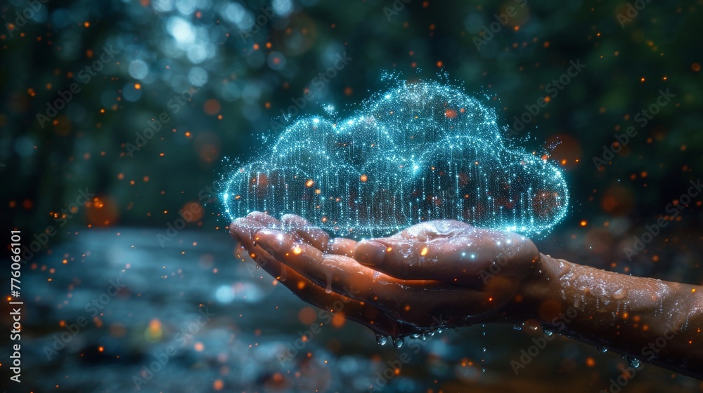 Aufkleber Technology network concept. Cloud icon over hand in neon lighting. Data rain pouring from cloud. Data synchronization with internet datum storage. Upload or download data.
