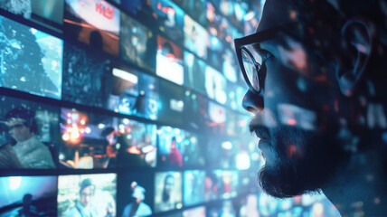 Contents concept. Social networking. Streaming video. NFT. Fungible tokens. Man watching screens  