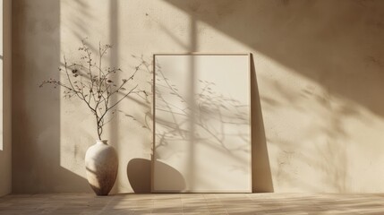 Poster mock up blank in japanese wabi sabi style interior, minimalistic background, artwork template