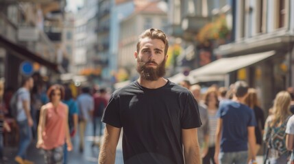 Light-skinned male model with a beard in a simple black t-shirt mockup walks among pedestrians