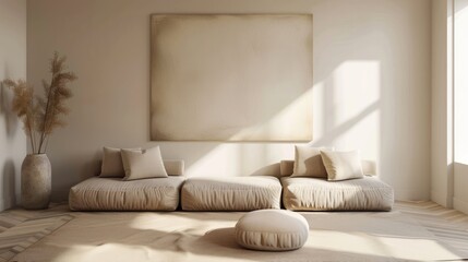 Poster mock up blank in japanese wabi sabi style interior, minimalistic background, artwork template