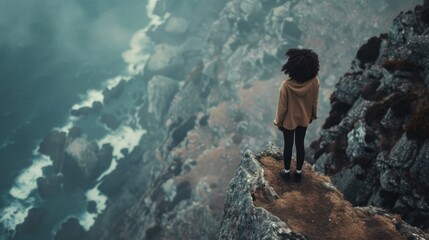 A woman experiences depression and despair, she stands on the gloomy edge of a cliff, mental illness and loneliness, AI generated