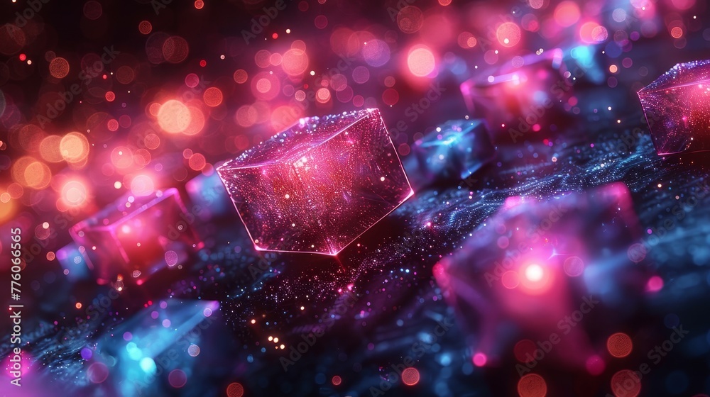 Aufkleber On a light white background, neon glowing geometric shapes float in space in 3D space with an abstract futuristic tech banner.