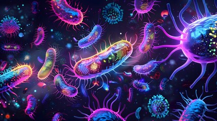 Bacteria and DNA illustration with a fractal design featuring a blend of blue and purple hues, highlighted by patterns of stars, bubbles, and flowers, creating a vivid backdrop that captures the essen