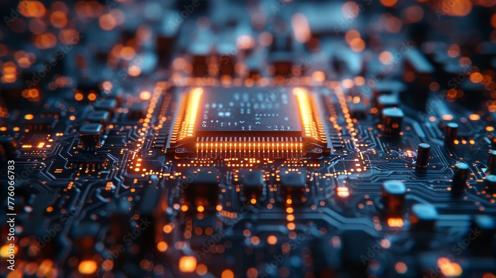 Poster An abstract chip computer processor and electronic component on a motherboard or circuit board. It is used to develop electronic devices on microchips or microprocessors. Artificial intelligence is