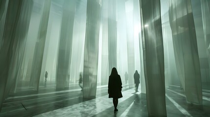 Fototapeta na wymiar person walking towards a lighted doorway in a dark, foggy corridor, symbolizing a journey to success