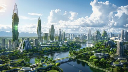 A futuristic urban landscape. An ecologically clean city with green ecological buildings, combining...