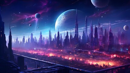 Futuristic city at night with moon and stars. 3d rendering