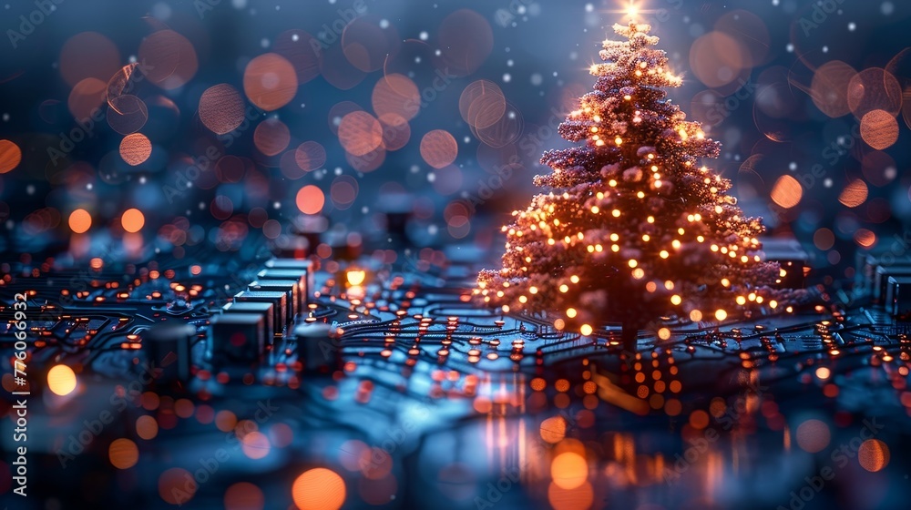 Poster Merry Christmas greeting card in computer technology style. Christmas tree on digital technology Christmas poster. Template Christmas cards in digital technology style.