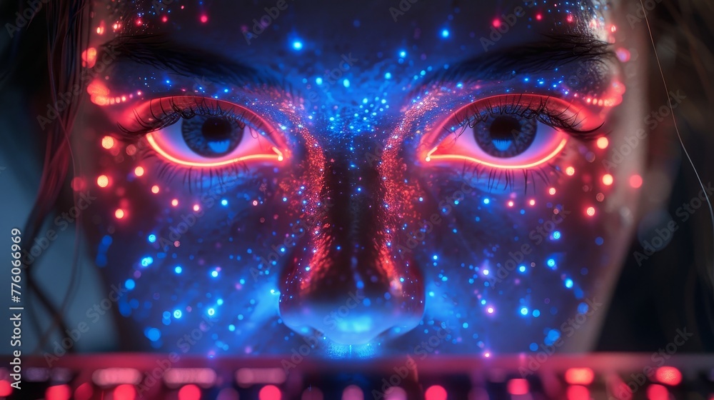 Poster Cyber security technology. AI chat bot on laptop. Artificial intelligence robot head. AI protects computer from malware and hacker attacks.