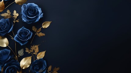 Dark blue roses with gold leaves on solid dark background