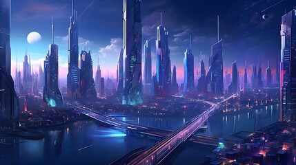 Futuristic city at night. Panoramic view of skyscrapers.