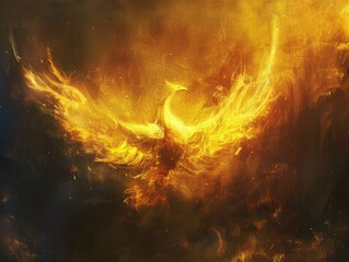 A digital artwork of a golden phoenix rising from flames symbolizing rebirth and immortality - obrazy, fototapety, plakaty
