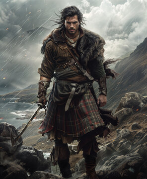 Guerrero escoc&eacute;s highlander con una espada y kilt en un ambiente tormentoso