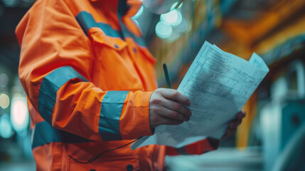 Construction engineer in orange safety gear taking notes on blueprints at an industrial site.