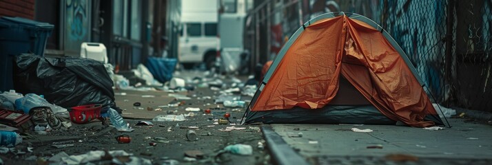 Homeless person's tent pitched on a sidewalk, surrounded by trash and discarded items - obrazy, fototapety, plakaty