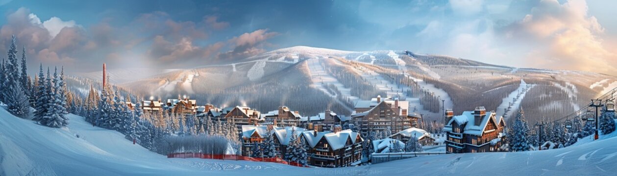 Mountain ski resort with lodges, ski lifts, and snowy slopes, winter theme , hyper realistic photography