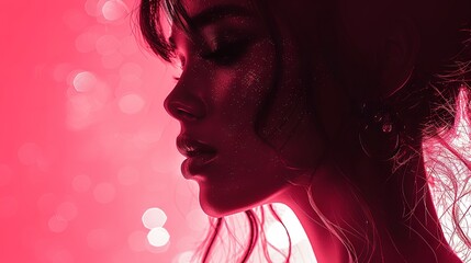 Artistic close-up of an elegant woman's silhouette with sparkling skin bathed in red light, creating a dreamy, romantic atmosphere.