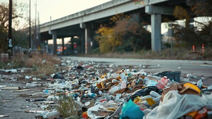 Pile of garbage and litter strewn along the roadside near a homeless encampment. - obrazy, fototapety, plakaty