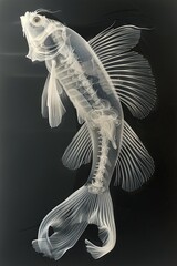 An artistic x-ray image of a fish revealing intricate skeletal details, set against a stark black background illustrating biological study and natural artistry.