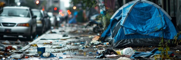 Homeless person's tent pitched on a sidewalk, surrounded by trash and discarded items - obrazy, fototapety, plakaty