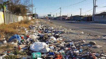 Pile of garbage and litter strewn along the roadside near a homeless encampment. - obrazy, fototapety, plakaty