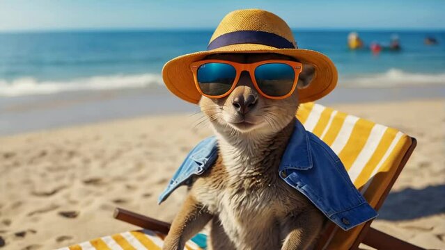 Cute kangaroo portrait on the beach wearing sunglasses