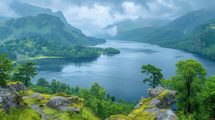 Beautiful aerial view of the beautiful lake surrounded by mountains and forests in Norway. Created with Ai