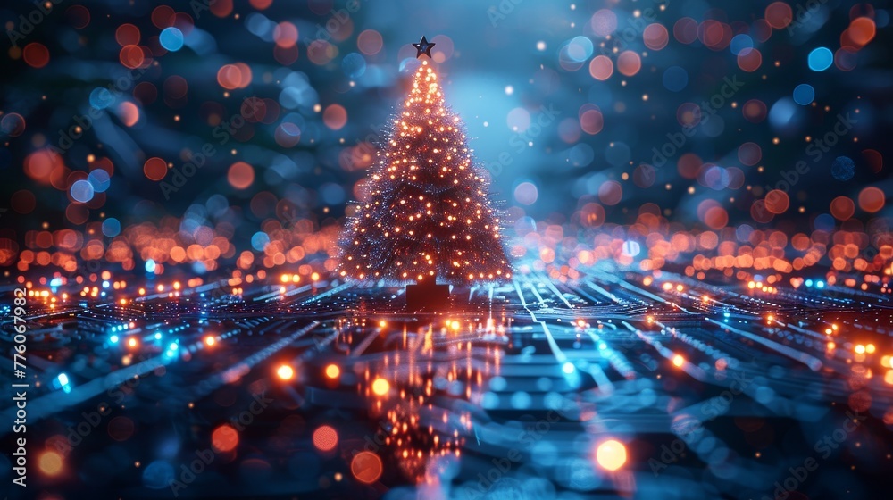 Poster An image of a Christmas tree on a Christmas poster in a computer technology style. New year and merry Christmas congratulations cards in a computer technology design style. Template for Christmas