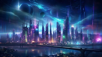 Futuristic city at night. Futuristic city panorama with neon lights