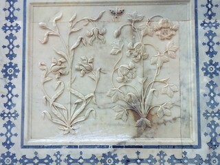 Bas-relief with floral ornament in Amer palace ,(amber palace ) Jaipur, Rajasthan, India