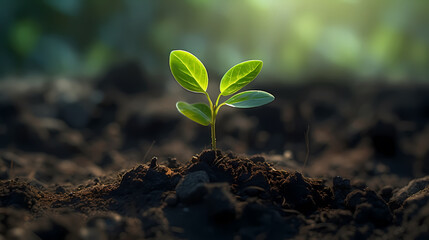 Sunlit Growth: Close-Up of Young Green Tree Sprout Emerging from Black Soil, spring concept, enviroment concept