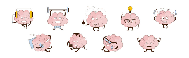 Funny Brain Character Engaged in Different Activity Vector Set