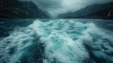 Moody image capturing the turbulent waters where a river meets the sea with dark, overcast skies and mountainous backdrop.