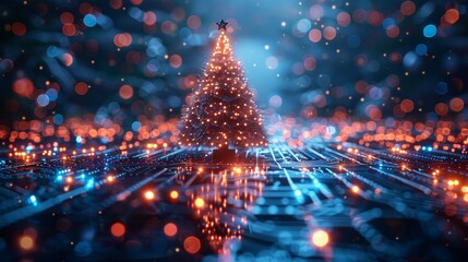 An image of a Christmas tree on a Christmas poster in a computer technology style. New year and merry Christmas congratulations cards in a computer technology design style. Template for Christmas - obrazy, fototapety, plakaty