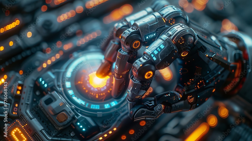 Poster Using an AI robotic hand, the cyborg touches the holographic interface with his index finger. AI bot in Industry 4.0. A robotic hand uses artificial intelligence to touch the screen on the HUD.