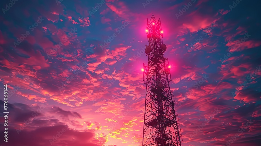 Poster the 5g communication tower transmits telecommunication signals wirelessly. the 5g antenna network tr