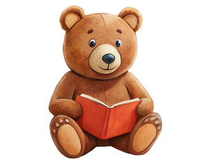 Teddy bear reading a book sitting in a forest