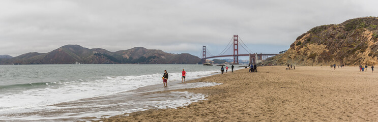 Golden Gate Bridge panorama at Baker Beach in San Francisco as the famous landmark.