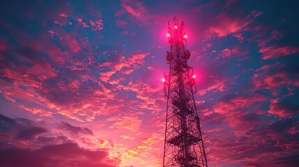 The 5g communication tower transmits telecommunication signals wirelessly. The 5g antenna network transmits mobile signals. The 5g communication tower broadcasts mobile signals. - obrazy, fototapety, plakaty