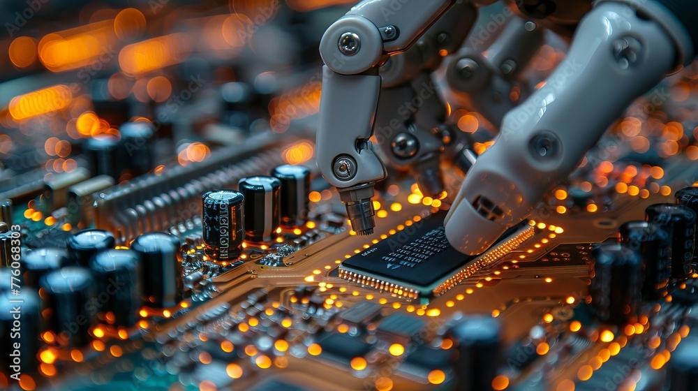 Poster This robot artificially intelligent robotics factory is using robots to place electronic components on electronic circuit boards. A robotic hand holds the component above the PCB.
