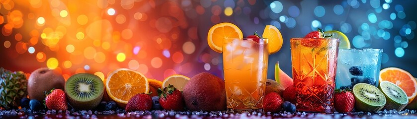 Tropical fruit cocktail party, featuring drinks and snacks made from exotic fruits , sci-fi tone - obrazy, fototapety, plakaty