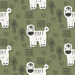 Vector sticker pattern with zebra.Tropical jungle cartoon creatures.Pastel animals background.Cute natural pattern for fabric, childrens clothing,textiles,wrapping paper.