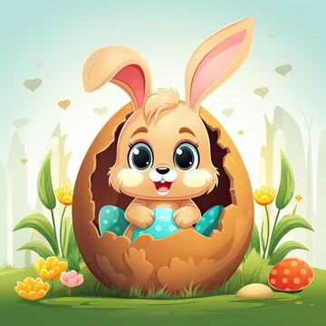 Cartoon cute bunny sitting in easter egg. Card