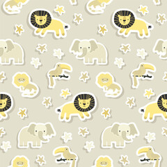 Vector sticker pattern with elephant, lion, lizard, toucan.Tropical jungle cartoon creatures.Pastel animals background.Cute natural pattern for fabric, childrens clothing,textiles,wrapping paper.