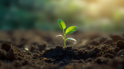 Sunlit Growth: Close-Up of Young Green Tree Sprout Emerging from Black Soil, spring concept, enviroment concept